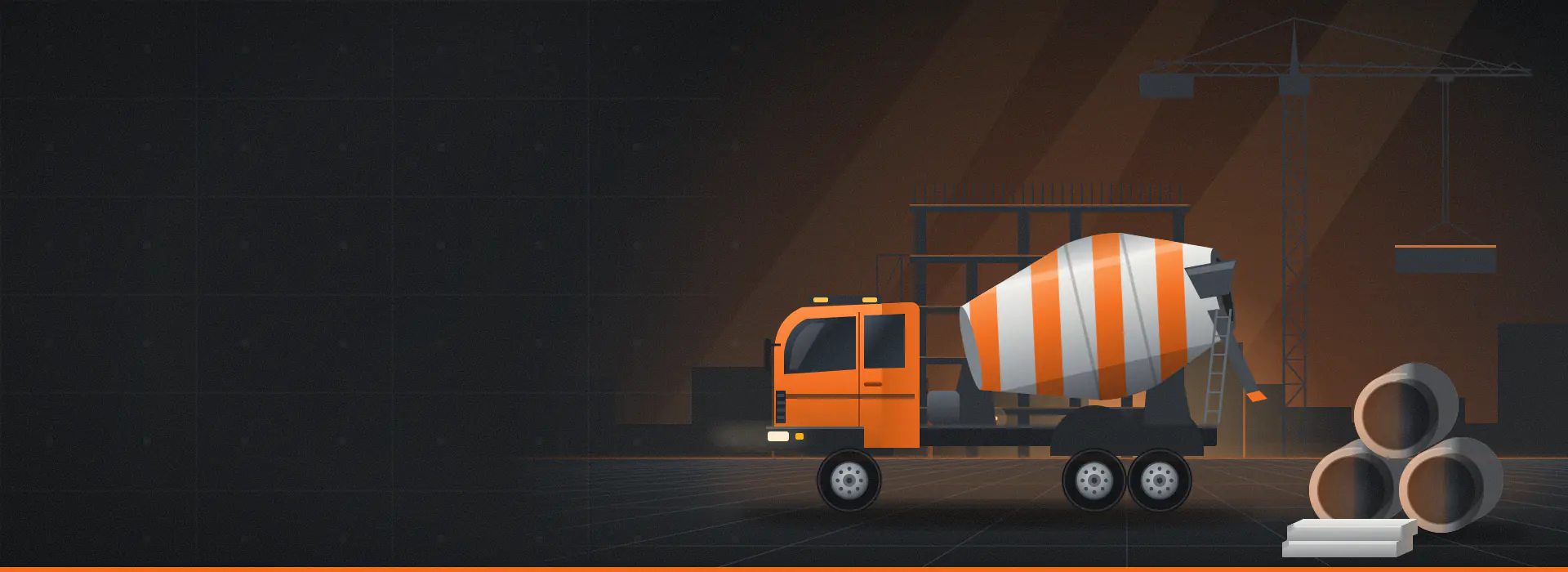 Ilustrasi truk molen beton ready mix di lokasi proyek konstruksi saat senja, dengan rangka gedung, tower crane, dan tumpukan buis beton